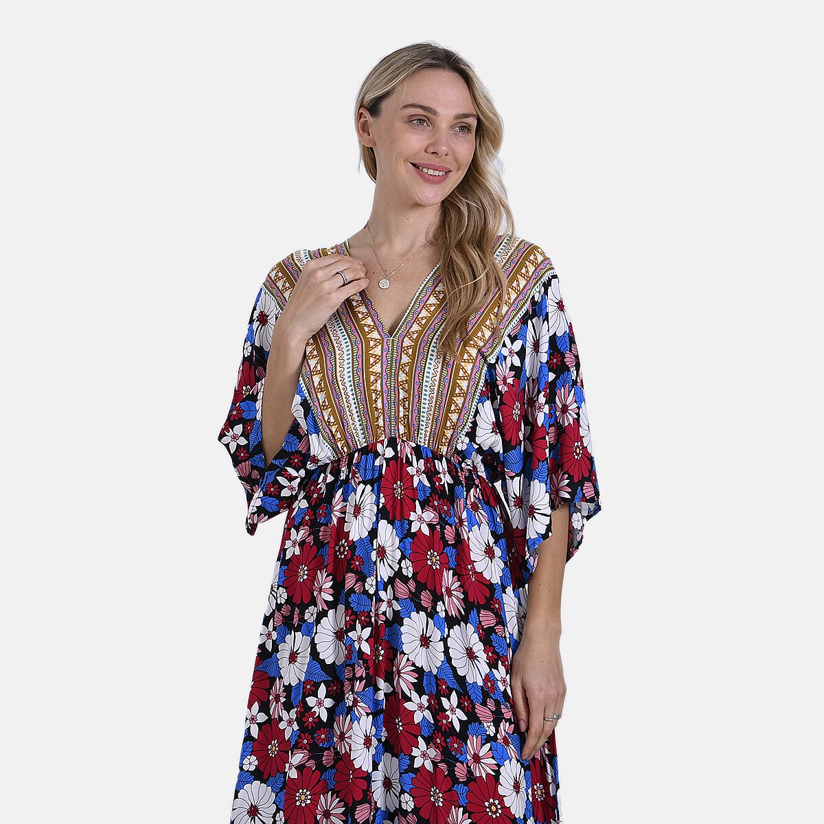 Multi Color Daisy Bohemian Style V-neck Maxi Dress - One Size Fits Most image number 4