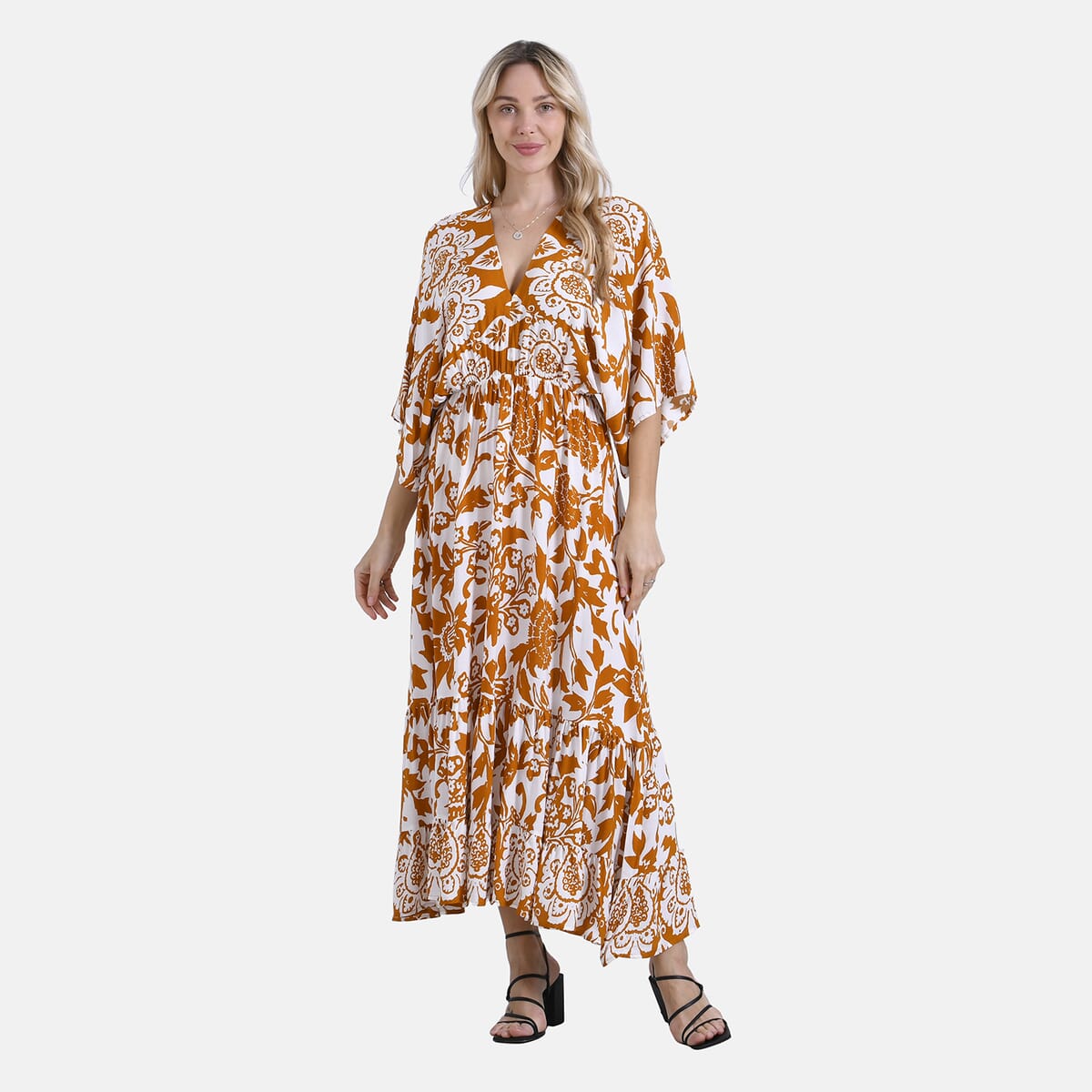 Golden Floral Bohemian Style V-neck Maxi Dress - One Size Fits Most image number 0