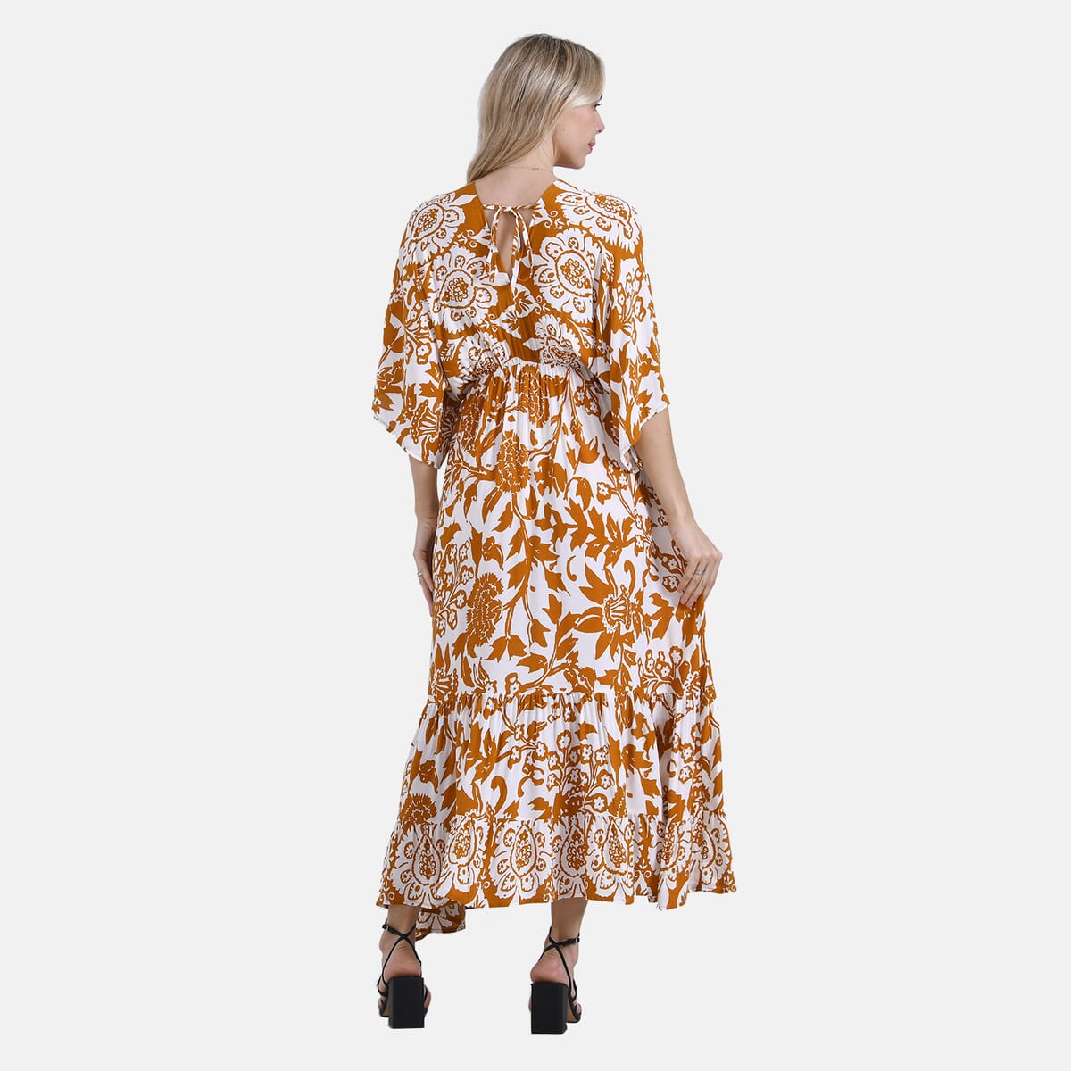 Golden Floral Bohemian Style V-neck Maxi Dress - One Size Fits Most image number 1
