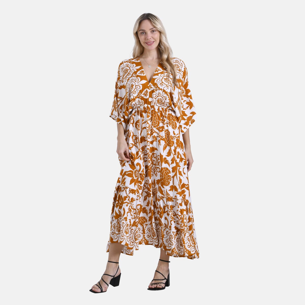 Golden Floral Bohemian Style V-neck Maxi Dress - One Size Fits Most image number 2