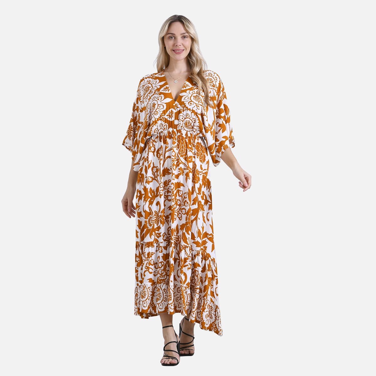 Golden Floral Bohemian Style V-neck Maxi Dress - One Size Fits Most image number 3