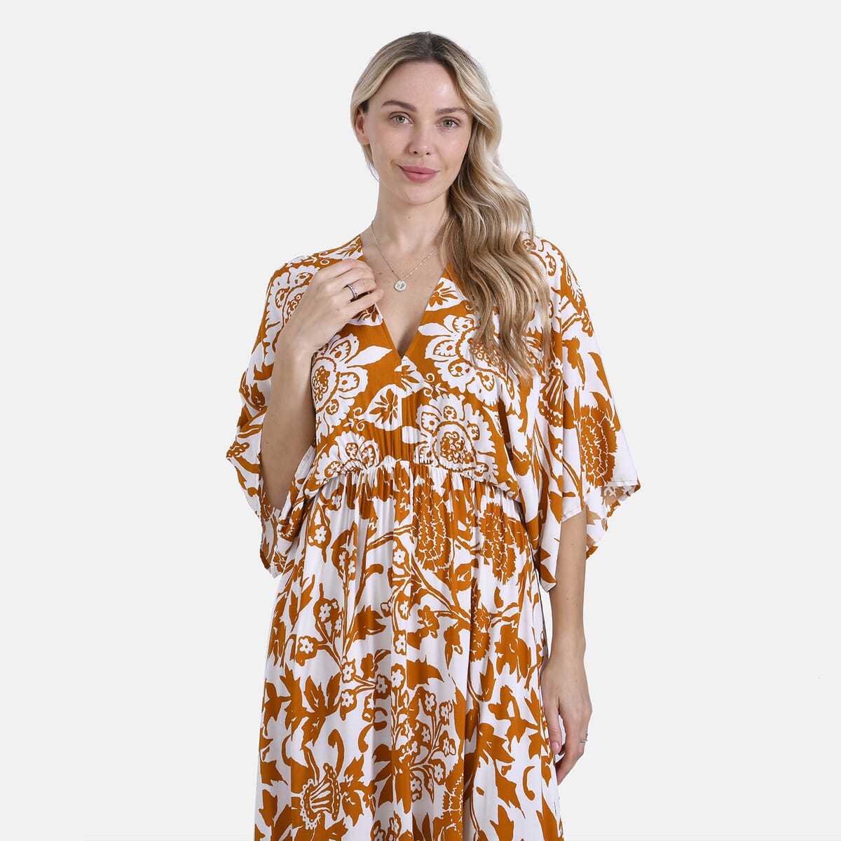 Golden Floral Bohemian Style V-neck Maxi Dress - One Size Fits Most image number 4
