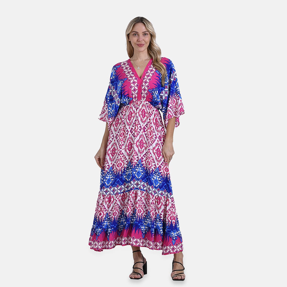 Pink Tile Bohemian Style V-neck Maxi Dress - One Size Fits Most image number 0