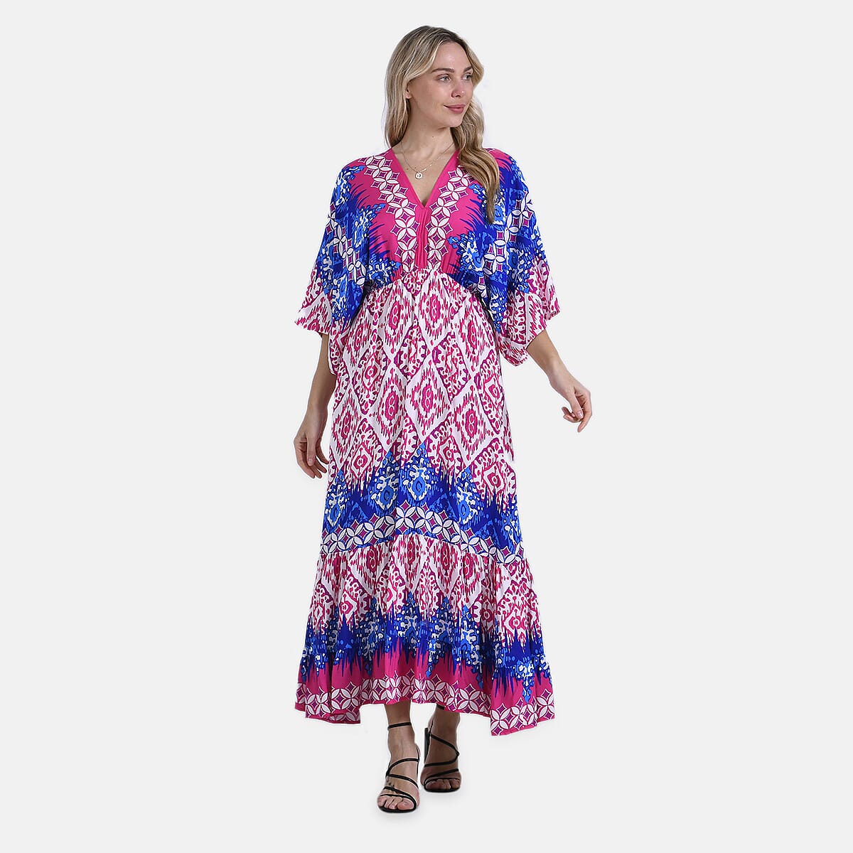 Pink Tile Bohemian Style V-neck Maxi Dress - One Size Fits Most image number 3