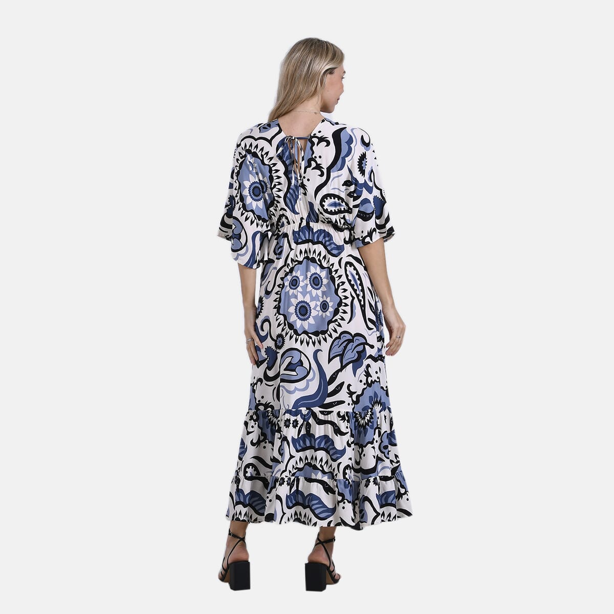 Blue Abstract Bohemian Style V-neck Maxi Dress - One Size Fits Most image number 1