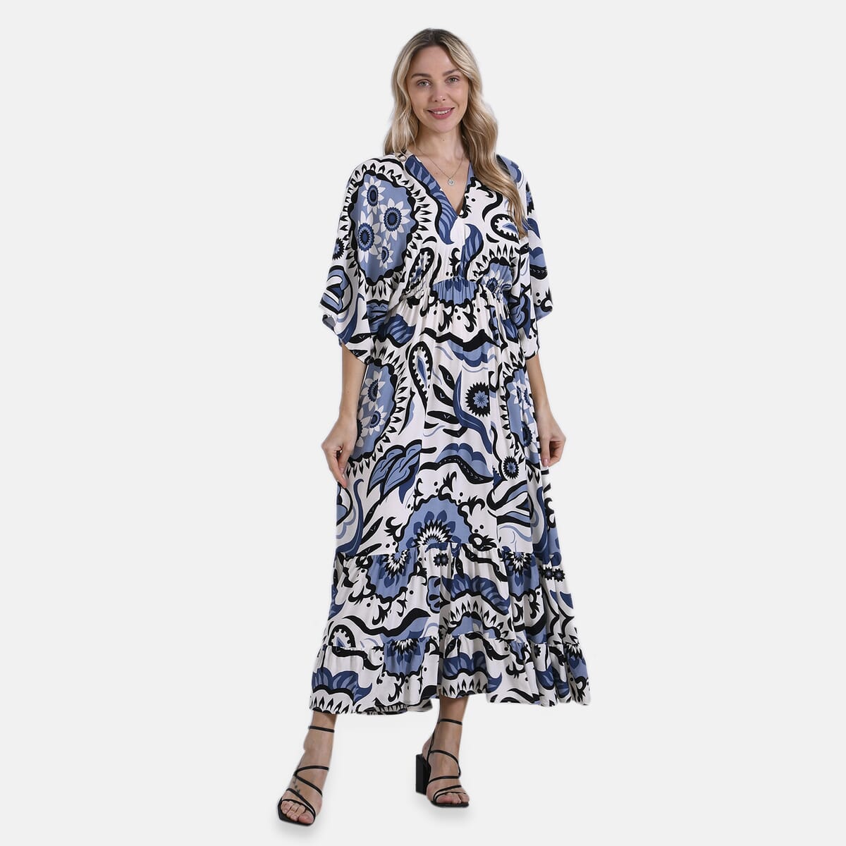 Blue Abstract Bohemian Style V-neck Maxi Dress - One Size Fits Most image number 2