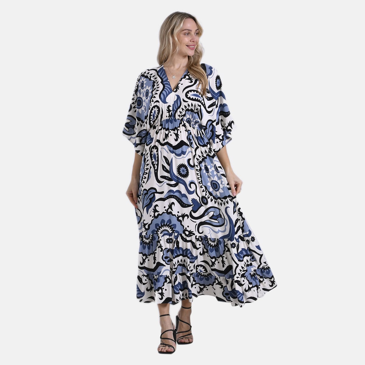 Blue Abstract Bohemian Style V-neck Maxi Dress - One Size Fits Most image number 3