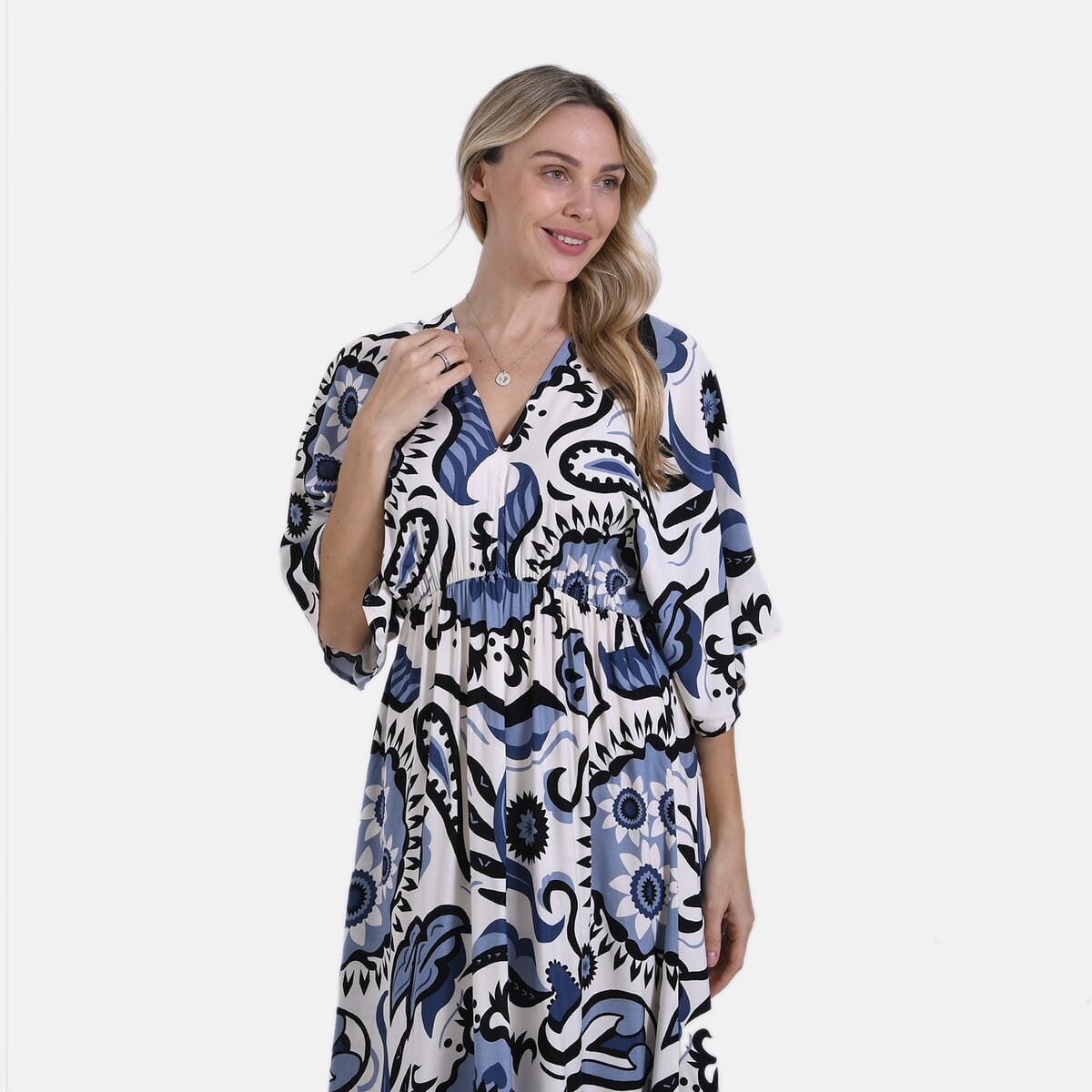 Blue Abstract Bohemian Style V-neck Maxi Dress - One Size Fits Most image number 4