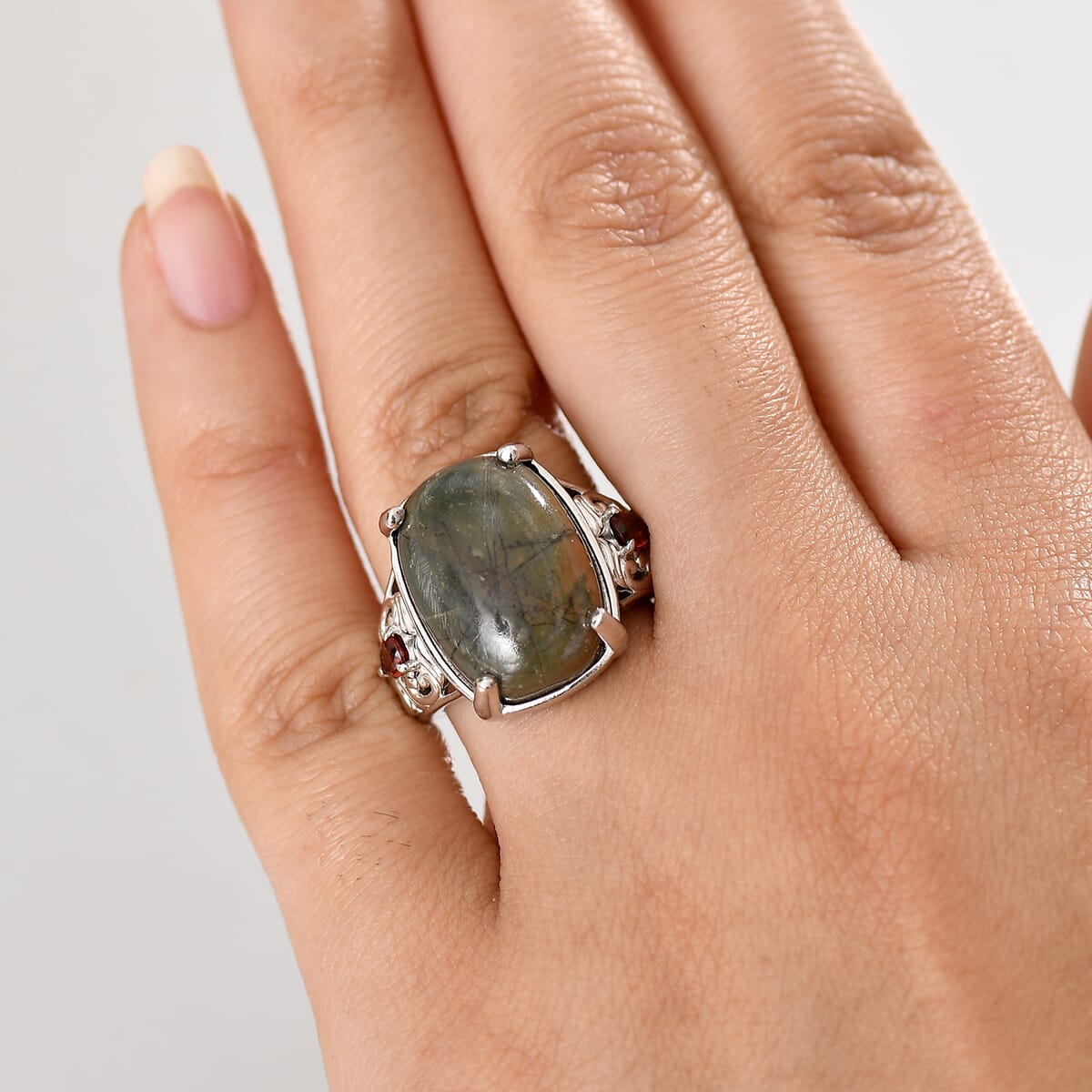 Karis Venus Jasper and Mozambique Garnet 14.30 ctw Ring in Platinum Bond (Size 10.0) image number 2