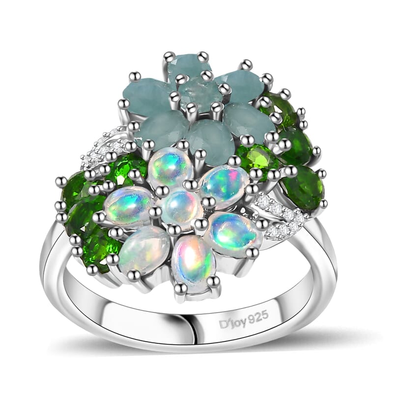 Multi Gemstone 3.35 ctw Bunch of Flower Ring in Rhodium Over Sterling Silver (Size 10.0)