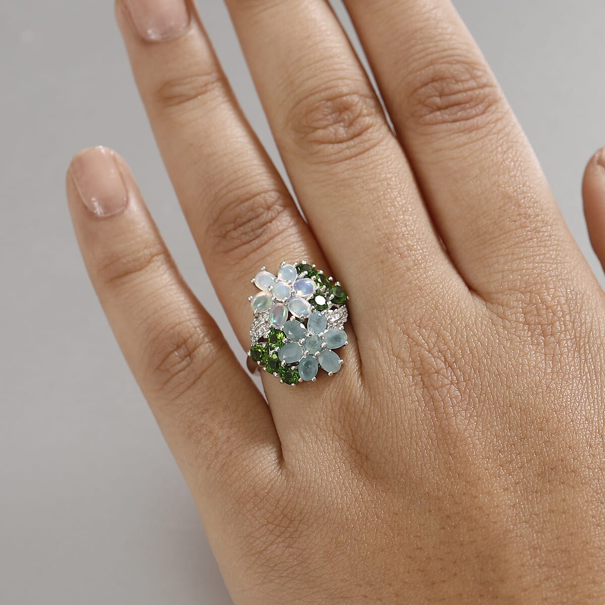 Multi Gemstone 3.35 ctw Bunch of Flower Ring in Rhodium Over Sterling Silver (Size 5.0) image number 3