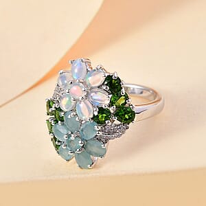 D'Joy Multi Gemstone 3.35 ctw Bunch of Flower Ring in Rhodium Over Sterling Silver (Size 6.0)