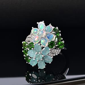 D'Joy Multi Gemstone 3.35 ctw Bunch of Flower Ring in Rhodium Over Sterling Silver (Size 6.0)