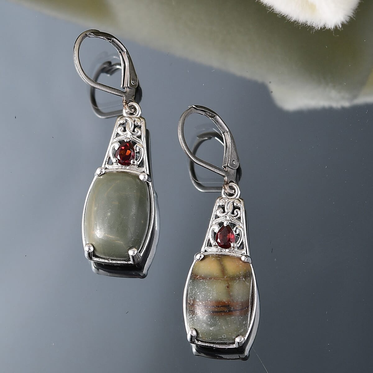 Karis Venus Jasper and Red Garnet 14.60 ctw Lever Back Earrings in Platinum Bond image number 1
