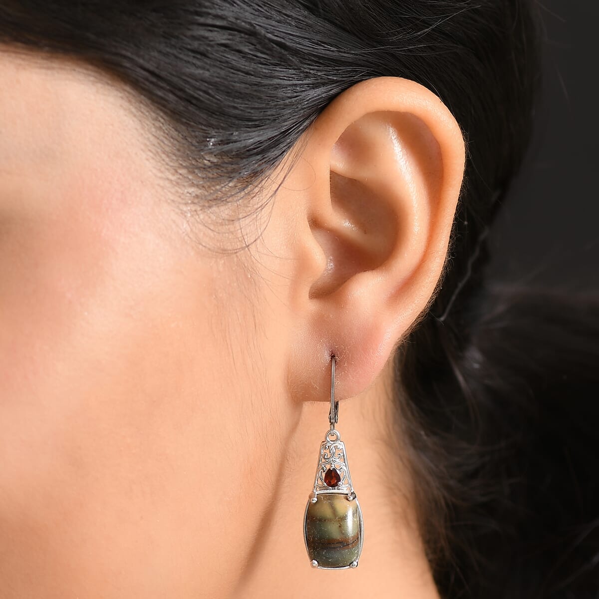 Karis Venus Jasper and Red Garnet 14.60 ctw Lever Back Earrings in Platinum Bond image number 2