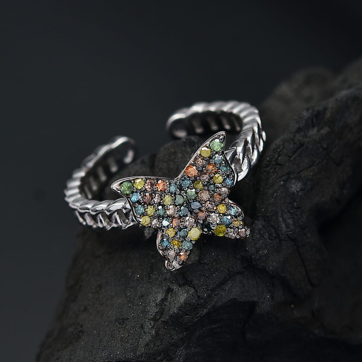 GP Trionfo Collection Multi Color Diamond 0.33 ctw Butterfly Ring in Rhodium Over Sterling Silver (Size 10.0) image number 1