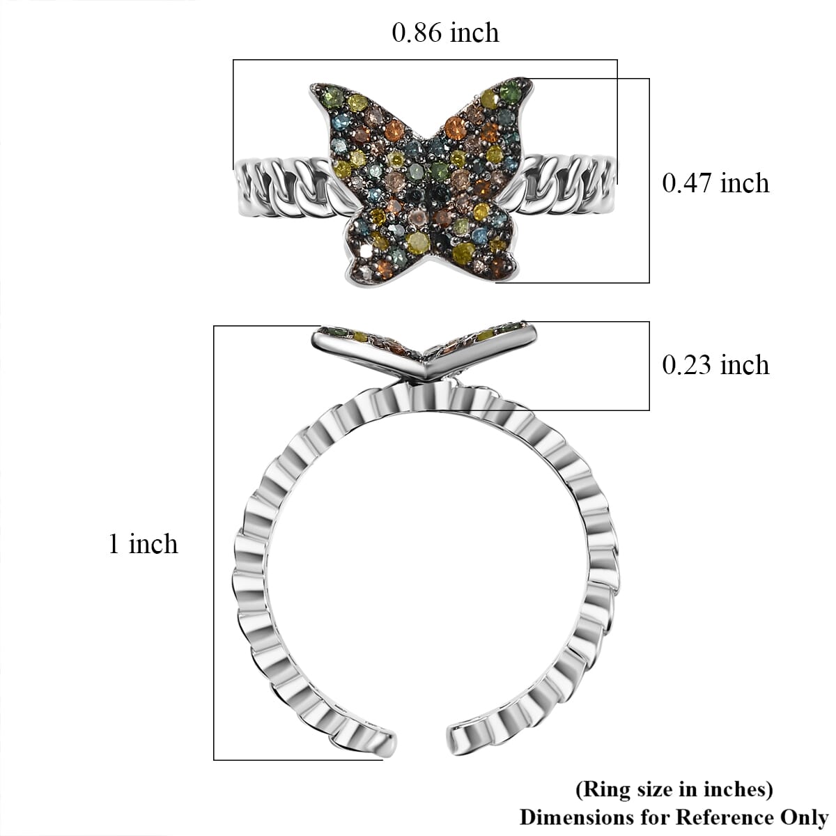 GP Trionfo Collection Multi Color Diamond 0.33 ctw Butterfly Ring in Rhodium Over Sterling Silver (Size 10.0) image number 5