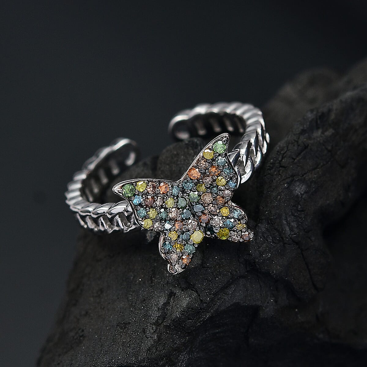 GP Trionfo Collection Multi Color Diamond 0.33 ctw Butterfly Ring in Rhodium Over Sterling Silver (Size 8.0) image number 1