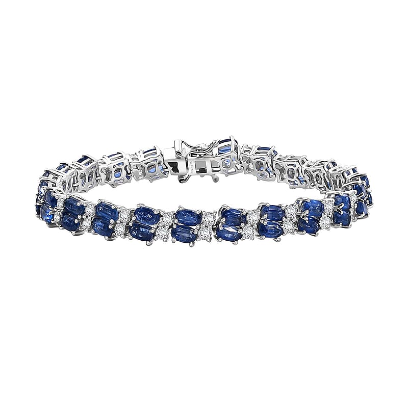 Kashmir Kyanite and White Zircon 20.15 ctw Bracelet in Rhodium Over Sterling Silver (7.25 In)