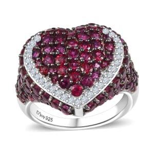 D'Joy Premium Anthill Garnet and White Zircon 4.00 ctw Heart Ring in Rhodium Over Sterling Silver (Size 10.0)