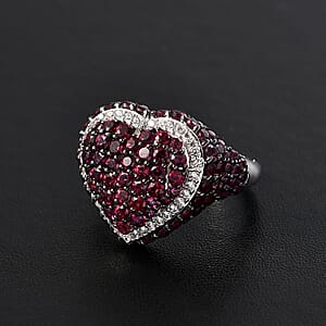 D'Joy Premium Anthill Garnet and White Zircon 4.00 ctw Heart Ring in Rhodium Over Sterling Silver (Size 7.0)