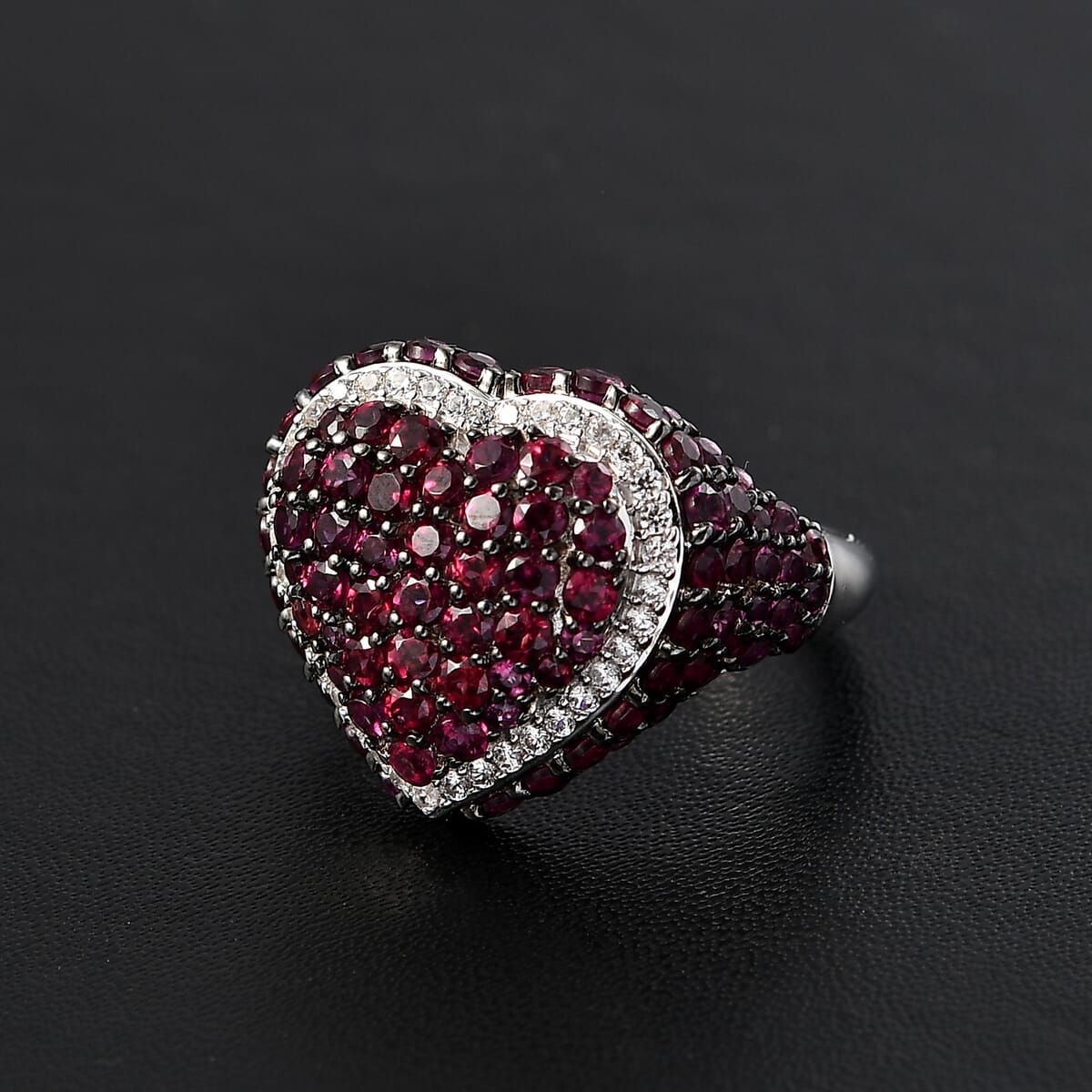 D'Joy Premium Anthill Garnet and White Zircon 4.00 ctw Heart Ring in Rhodium Over Sterling Silver (Size 9.0) image number 1