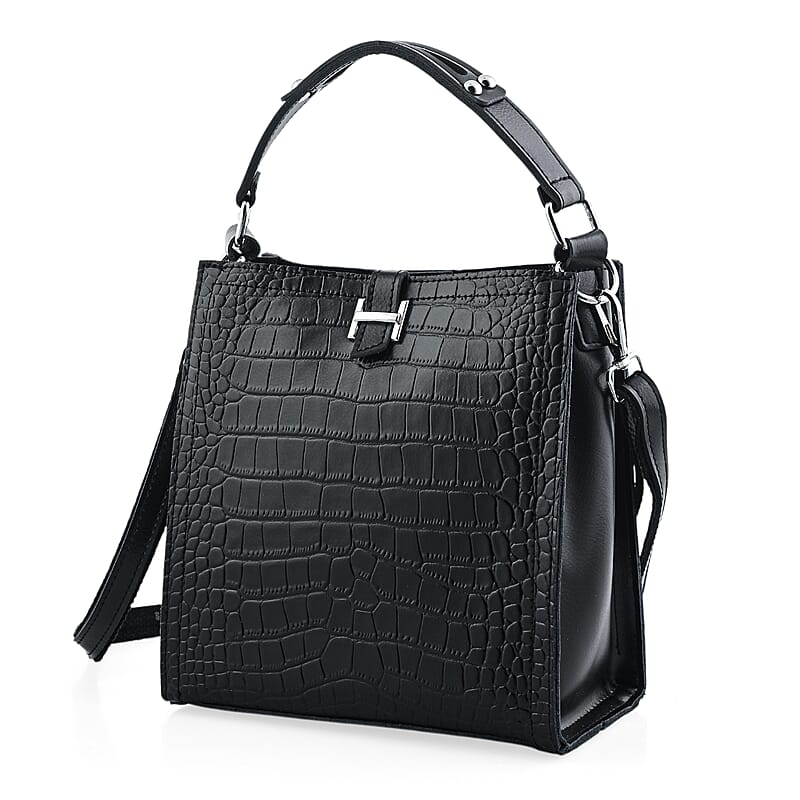 Black Genuine Leather Crossbody Bag with Shoulder Strap