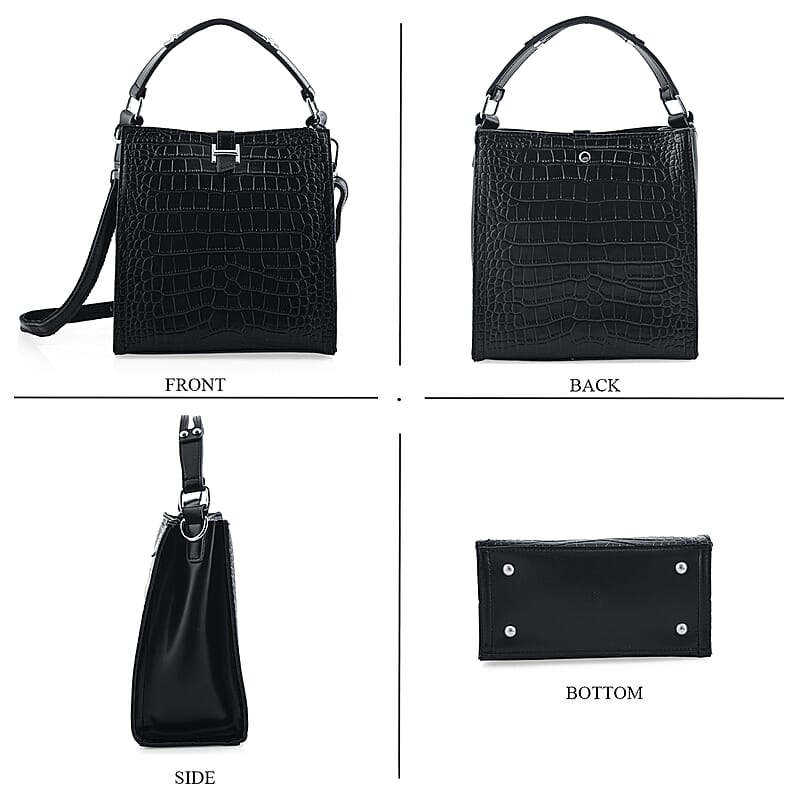Black Genuine Leather Crossbody Bag with Shoulder Strap
