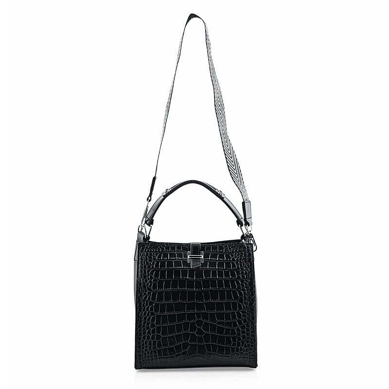 Black Genuine Leather Crossbody Bag with Shoulder Strap