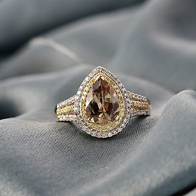 Luxoro AAA Turkizite, Natural Yellow and White Diamond I2 2.85 ctw Double Halo Ring in 10K Yellow Gold (Size 9.0) 4.30 Grams