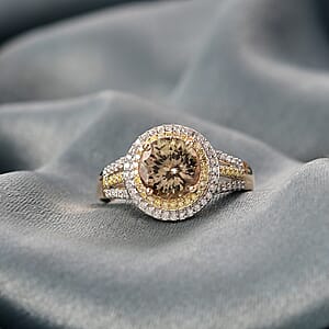 Luxoro AAA Turkizite, Natural Yellow and White Diamond I2 3.00 ctw Double Halo Ring in 10K Yellow Gold (Size 7.0) 4.30 Grams