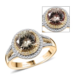 Luxoro AAA Turkizite, Natural Yellow and White Diamond I2 3.00 ctw Double Halo Ring in 10K Yellow Gold (Size 8.0) 4.30 Grams