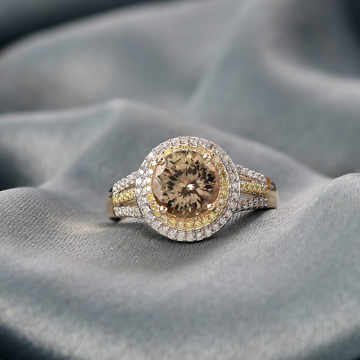 Luxoro AAA Turkizite, Natural Yellow and White Diamond I2 3.00 ctw Double Halo Ring in 10K Yellow Gold (Size 8.0) 4.30 Grams image number 1