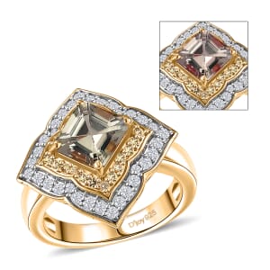 AAA Asscher Cut Turkizite and Multi Gemstone 2.90 ctw Radiant Blossom Ring in 18K Vermeil Yellow Gold Over Sterling Silver (Size 6.0)