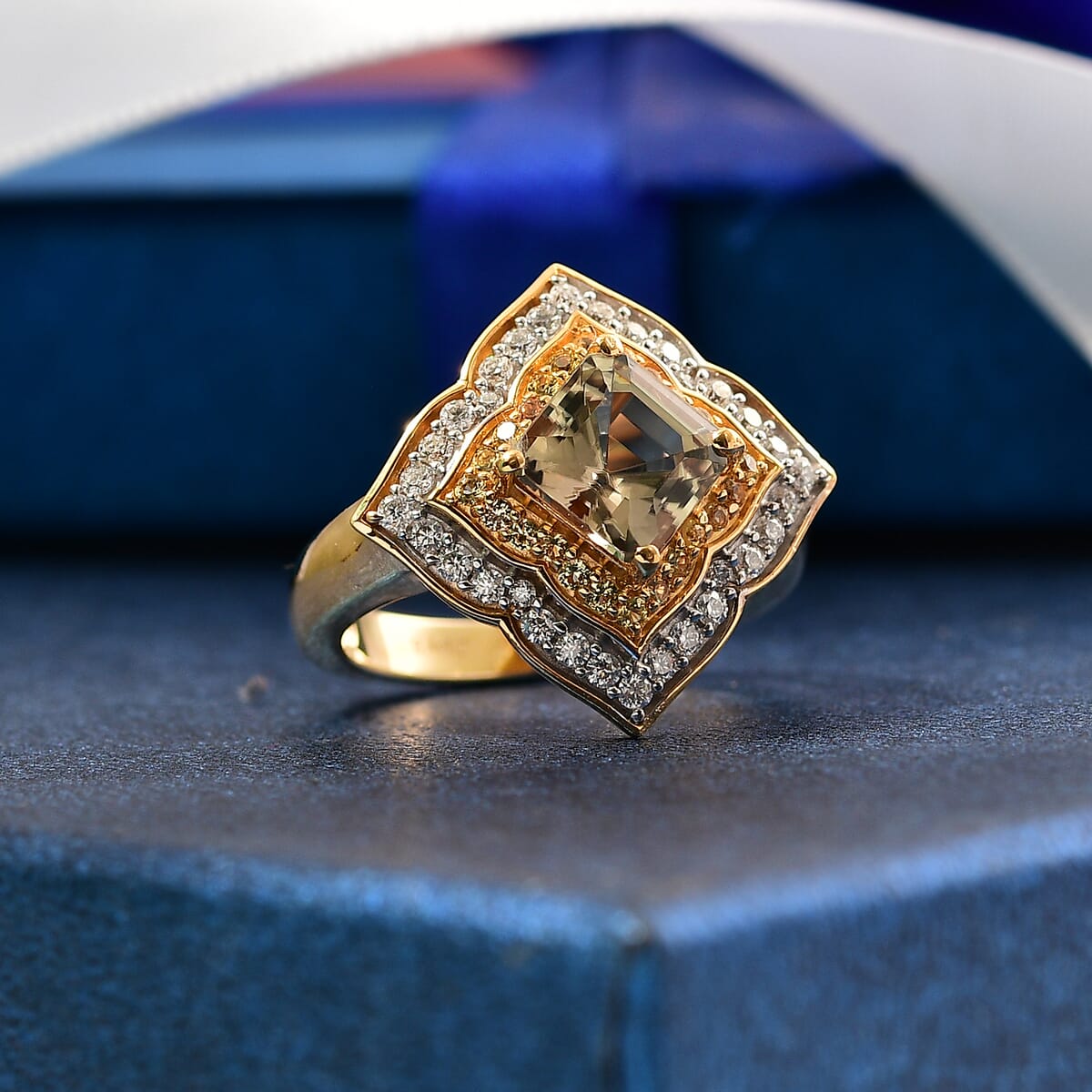 AAA Asscher Cut Turkizite and Multi Gemstone 2.90 ctw Radiant Blossom Ring in 18K Vermeil Yellow Gold Over Sterling Silver (Size 6.0) image number 1