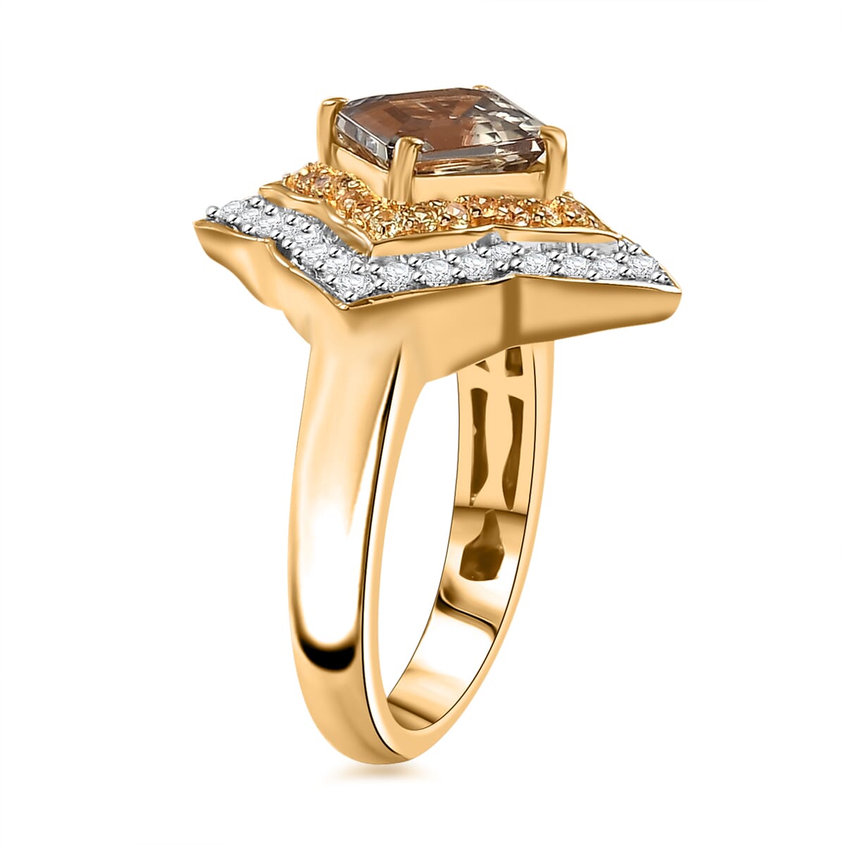 AAA Asscher Cut Turkizite and Multi Gemstone 2.90 ctw Radiant Blossom Ring in 18K Vermeil Yellow Gold Over Sterling Silver (Size 6.0) image number 3