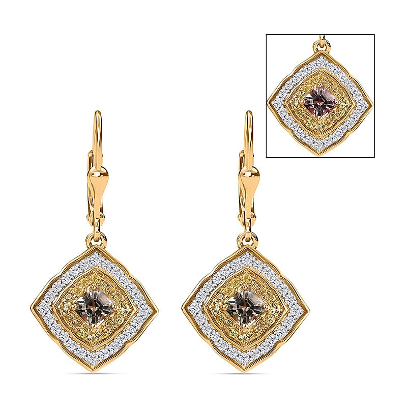D'Joy AAA Asscher Cut Turkizite and Multi Gemstone 1.90 ctw Radiant Blossom Dangling Earrings in 18K Vermeil Yellow Gold Over Sterling Silver