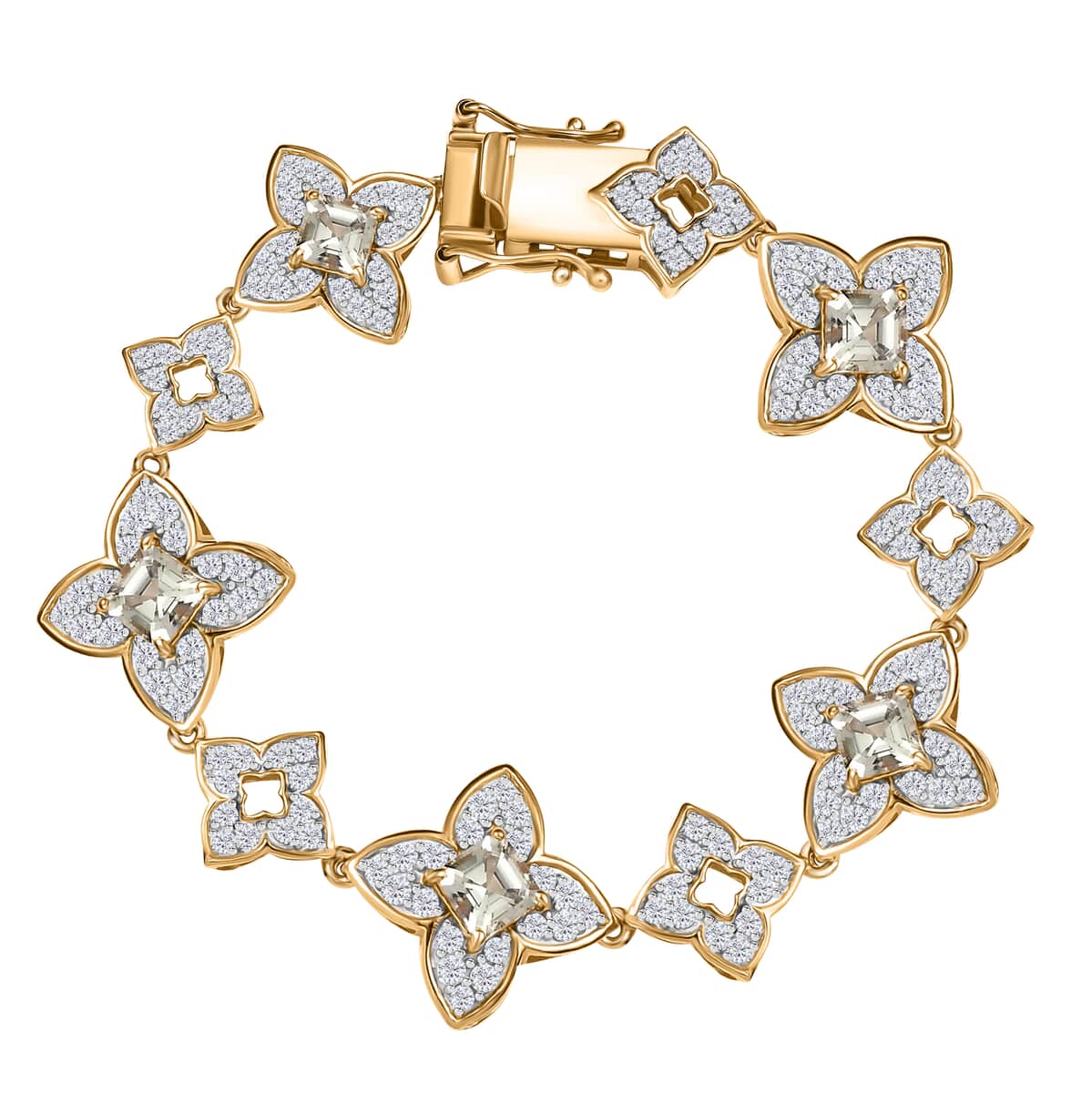 AAA Asscher Cut Turkizite and White Zircon 7.30 ctw Floral Symphony Bracelet in 18K Vermeil Yellow Gold Over Sterling Silver (6.50 In) image number 0