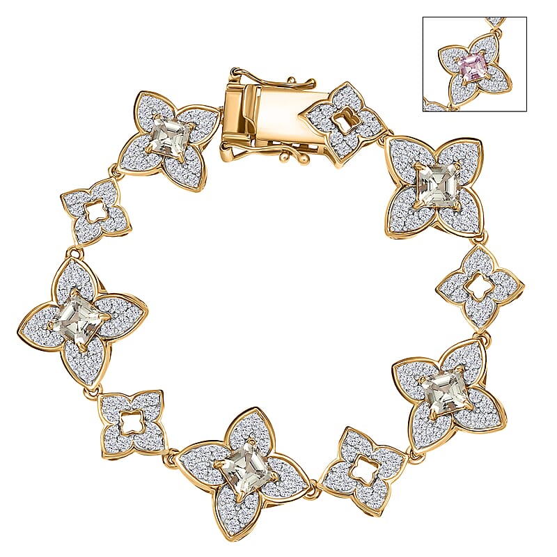 D'Joy AAA Asscher Cut Turkizite and White Zircon 7.30 ctw Floral Symphony Bracelet in 18K Vermeil Yellow Gold Over Sterling Silver (6.50 In)