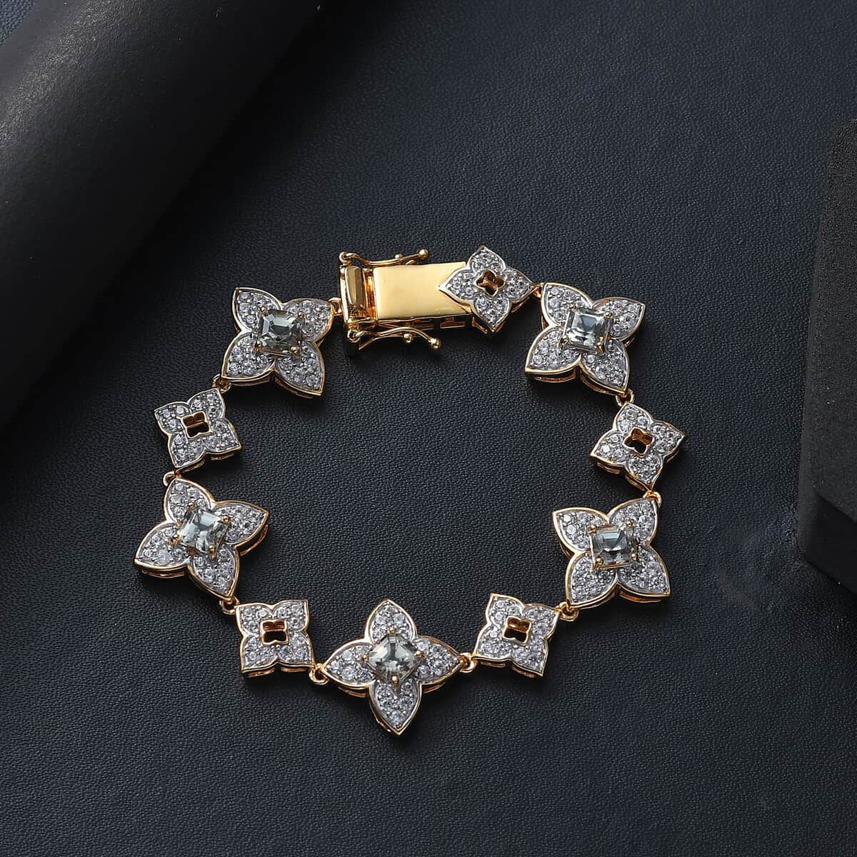 AAA Asscher Cut Turkizite and White Zircon 7.30 ctw Floral Symphony Bracelet in 18K Vermeil Yellow Gold Over Sterling Silver (6.50 In) image number 1