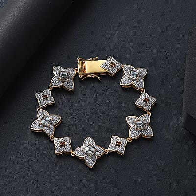 D'Joy AAA Asscher Cut Turkizite and White Zircon 7.30 ctw Floral Symphony Bracelet in 18K Vermeil Yellow Gold Over Sterling Silver (6.50 In)