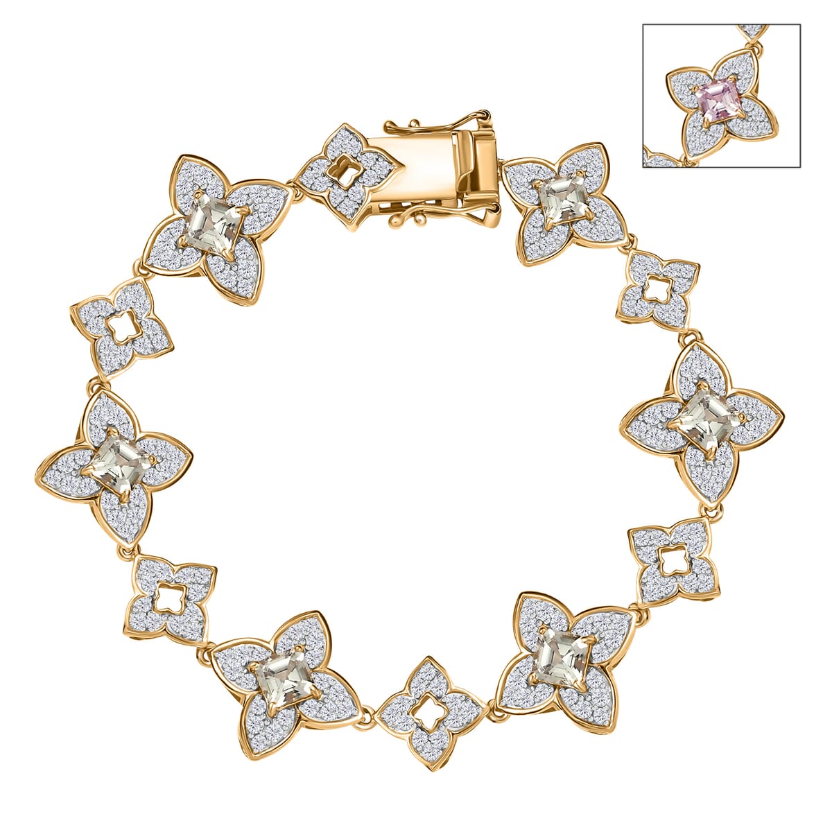 AAA Asscher Cut Turkizite and White Zircon 8.50 ctw Floral Symphony Bracelet in 18K Vermeil Yellow Gold Over Sterling Silver (7.25 In) image number 0