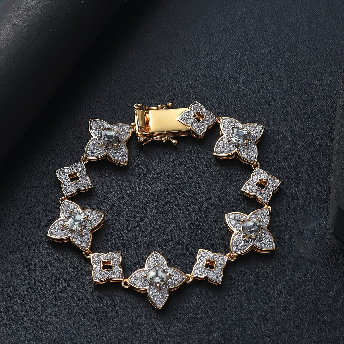 AAA Asscher Cut Turkizite and White Zircon 8.50 ctw Floral Symphony Bracelet in 18K Vermeil Yellow Gold Over Sterling Silver (7.25 In) image number 1