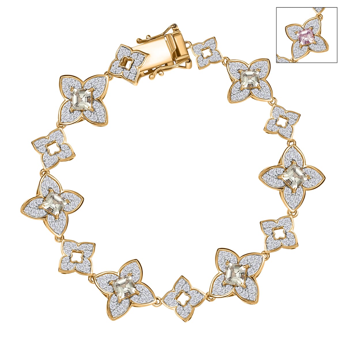 AAA Asscher Cut Turkizite and White Zircon 8.75 ctw Floral Symphony Bracelet in 18K Vermeil Yellow Gold Over Sterling Silver (8.00 In) image number 0
