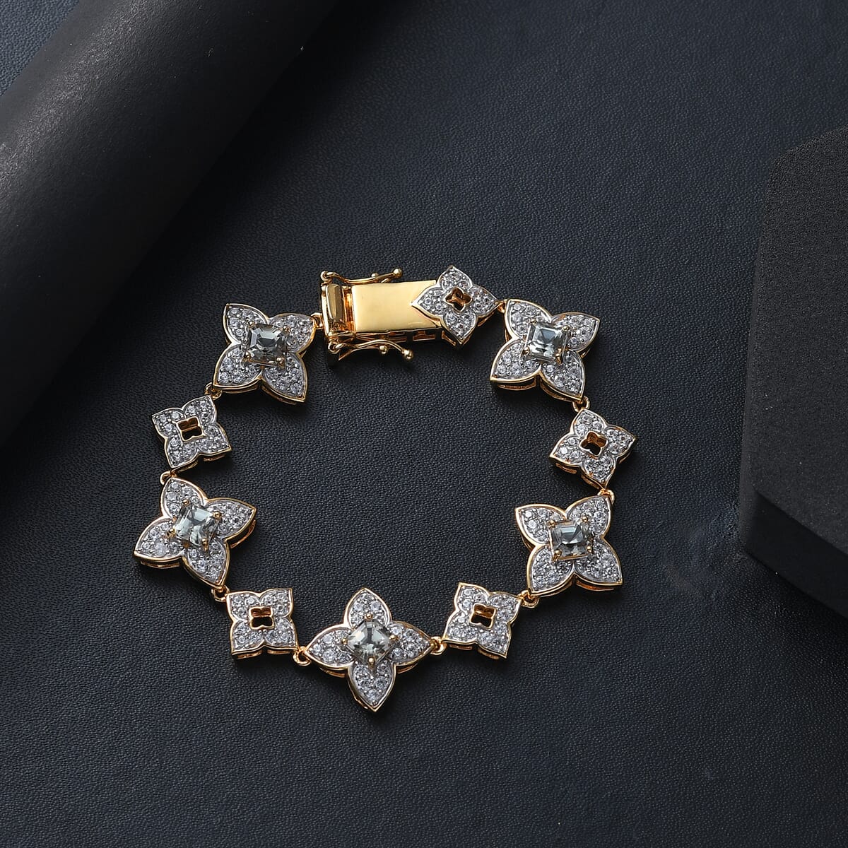 AAA Asscher Cut Turkizite and White Zircon 8.75 ctw Floral Symphony Bracelet in 18K Vermeil Yellow Gold Over Sterling Silver (8.00 In) image number 1