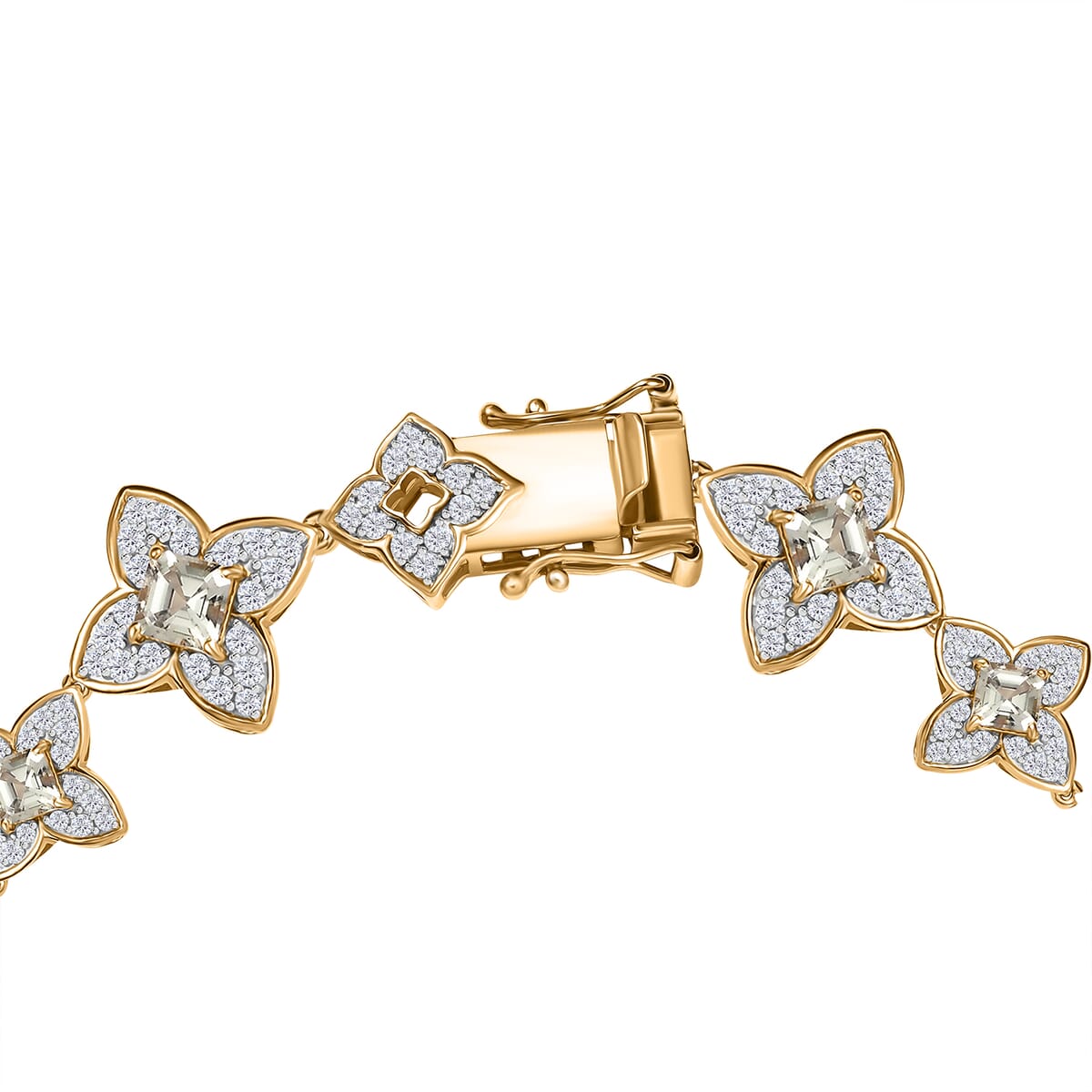 AAA Asscher Cut Turkizite and White Zircon 8.75 ctw Floral Symphony Bracelet in 18K Vermeil Yellow Gold Over Sterling Silver (8.00 In) image number 3