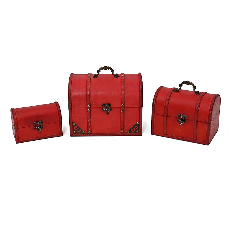 Set of 3 Wooden Treasure Chest Storage Box - Red (8.66x6.10x6.70, 7.10x4.72x4.72, 5.51x3.74x3.15)