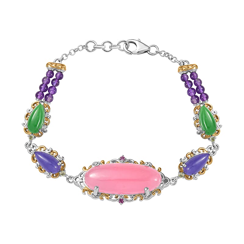 Pink Jade(D) and Multi Gemstones 31.70 ctw Royal Garden Bracelet in Rhodium and 18K Vermeil Yellow Gold Over Sterling Silver (7.25 In)