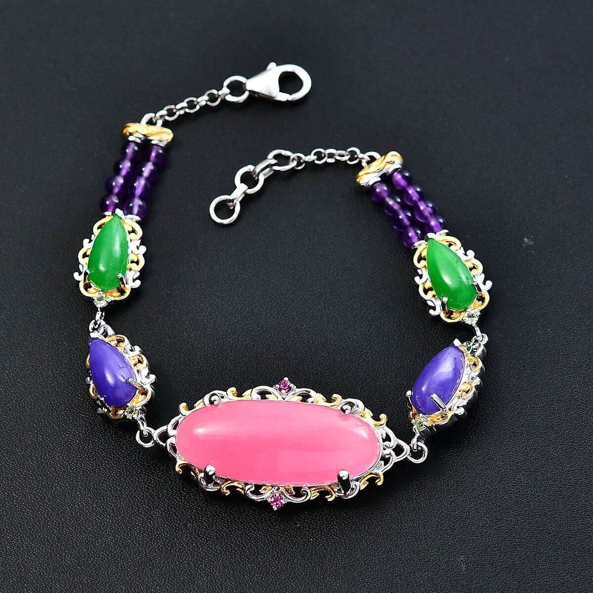 Pink Jade(D) and Multi Gemstones 31.70 ctw Royal Garden Bracelet in Rhodium and 18K Vermeil Yellow Gold Over Sterling Sliver (7.25 In) image number 1