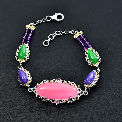 Pink Jade(D) and Multi Gemstones 31.70 ctw Royal Garden Bracelet in Rhodium and 18K Vermeil Yellow Gold Over Sterling Silver (7.25 In)